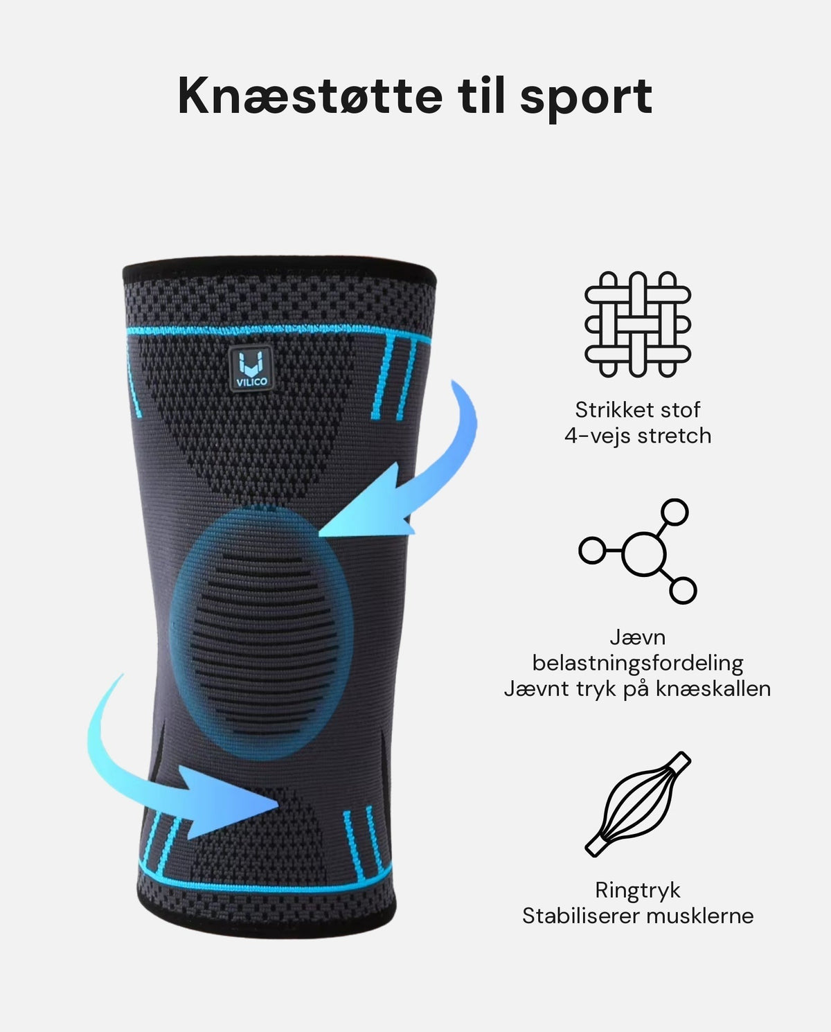 Mowello MotionFlex knæstøtte til sport – strikket stof, jævn belastning og ringtryk